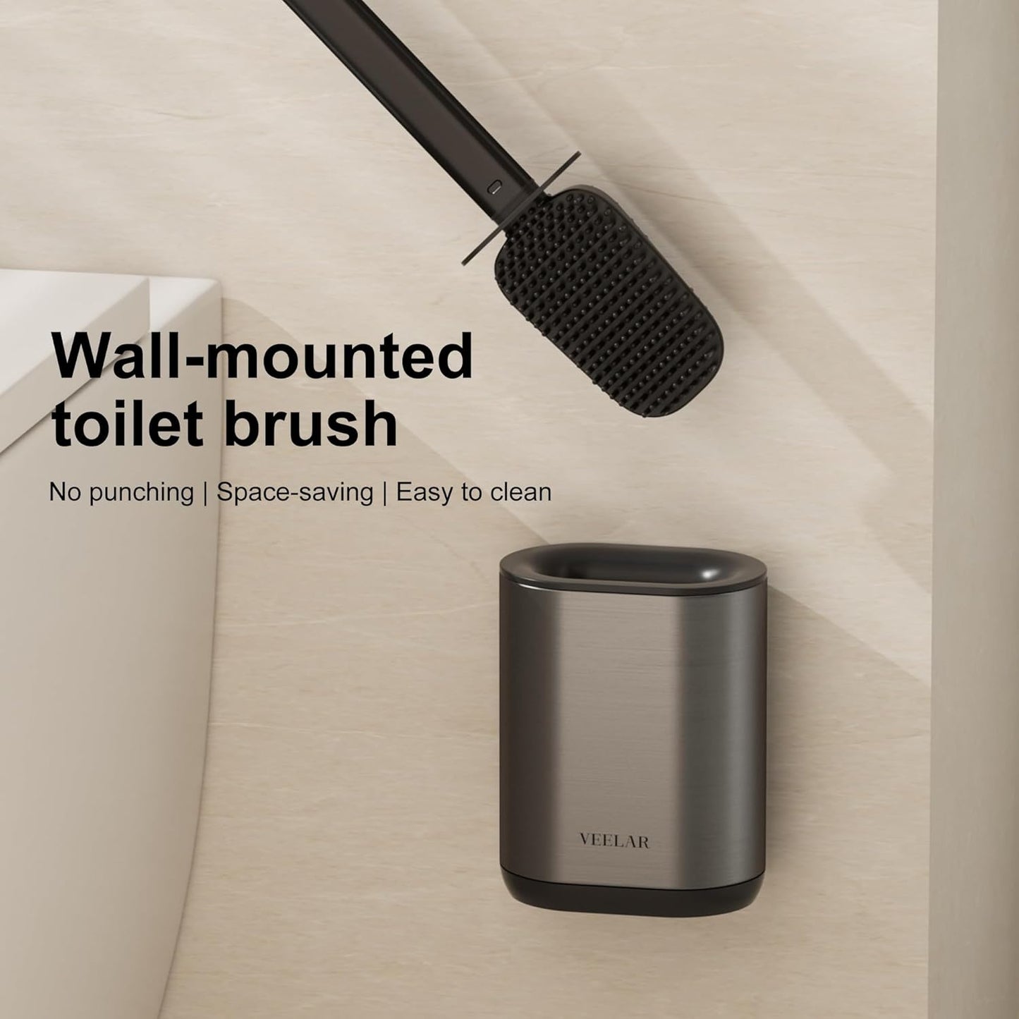 Toilet Brush and Holder Set - Wall Mounted Bathroom Scrub Brush, Toilet Bowl Brush and Plunger Set for Bathroom Cleaner (Grey)