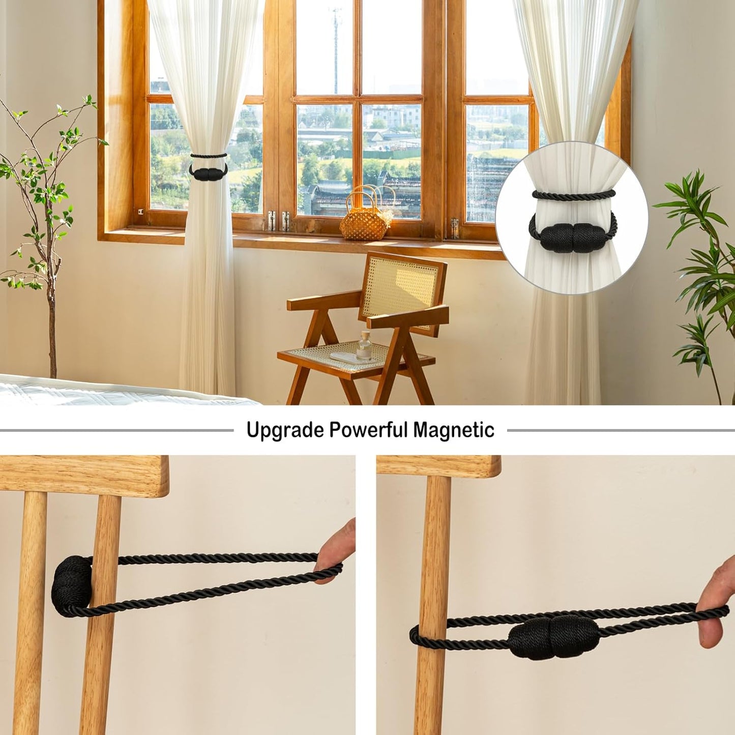 Magnetic Curtain Tiebacks Rope Curtain Tie Backs for Curtains 8 Pack Curtain Holders for Drapes Decorative Window Curtain Holdbacks, Black