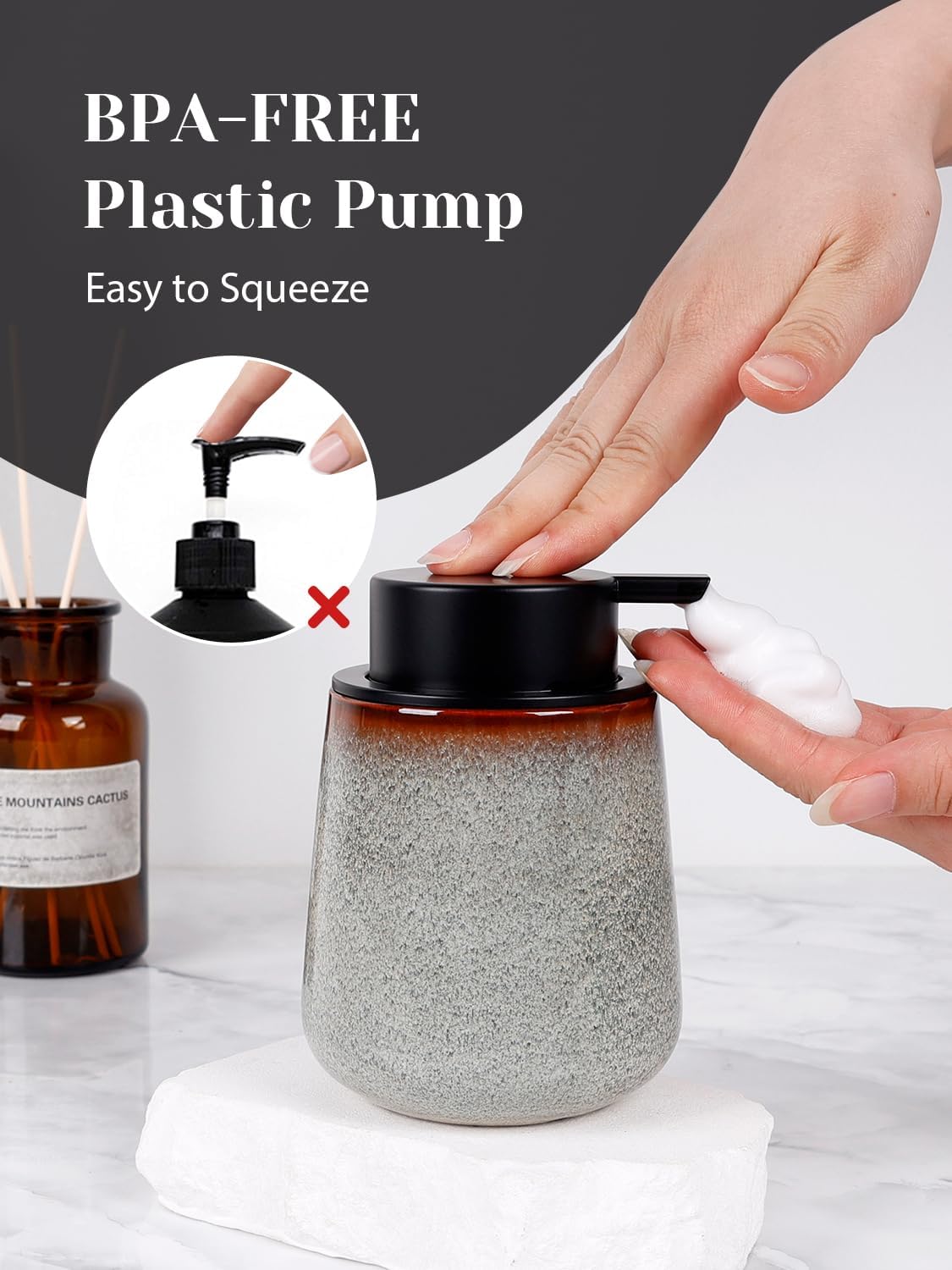 INGOFIN Ceramic Foaming Soap Dispenser -12oz Foam Hand Soap Dispenser Bathroom, Modern Refillable Dish Wash Soap Bottle for Kitchen with Large Pump,Kiln-Glazed