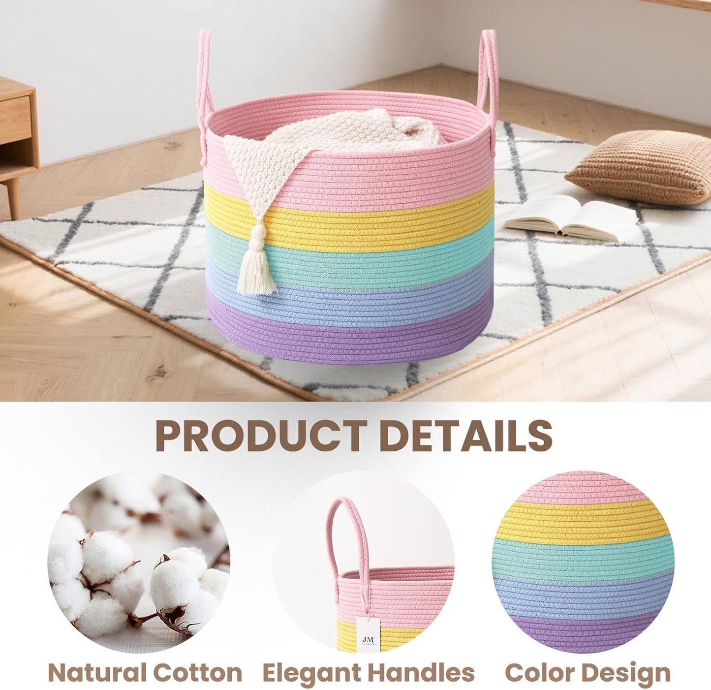 Woven Blanket Basket,115L Large Rope Storage Bin with Handles, Organizer for Blankets Toys Book and Clothes, Laundry Basket for Living Room Bedroom Nursery,Rainbow