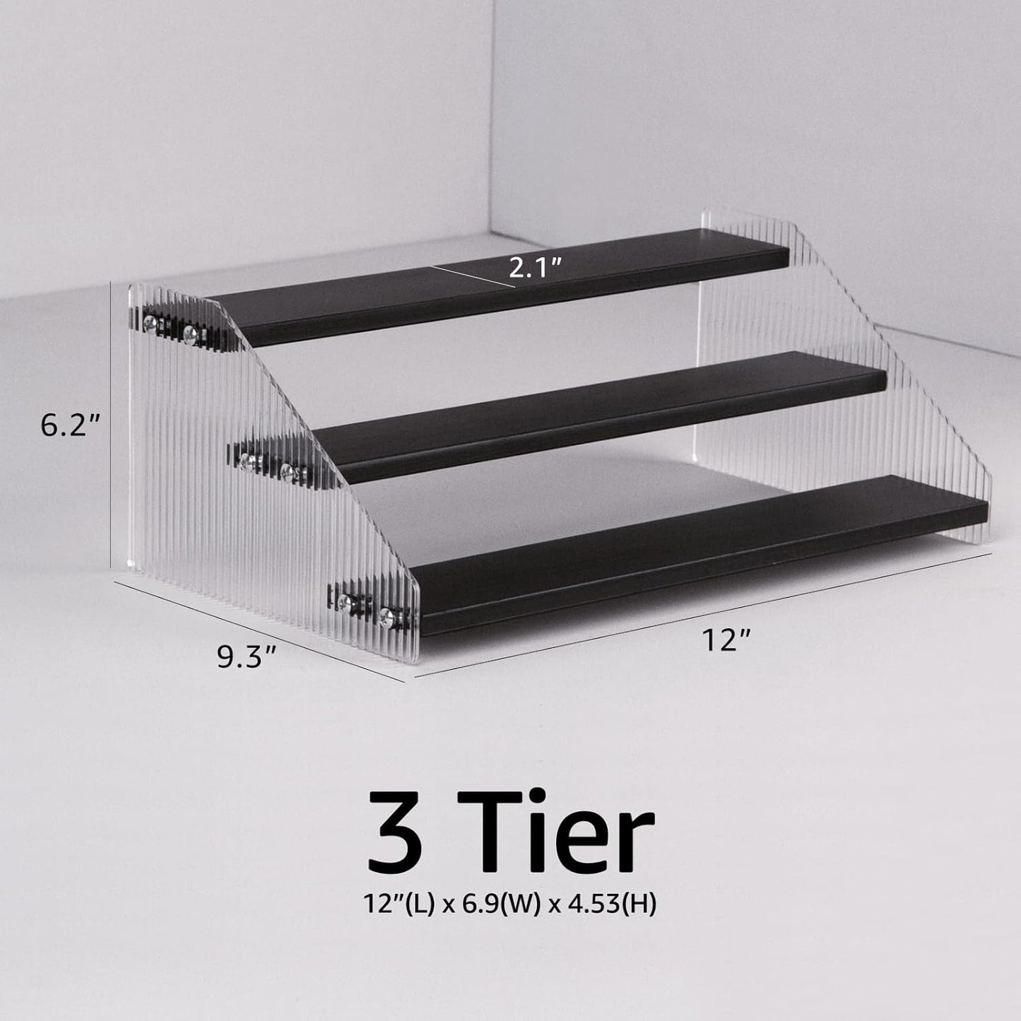 nianfeng Tiered Spice Rack, 3-Tier Spice Pantry Kitchen Cabinet Organizer, 12-Inch, Natural Wood Acrylic Stair Riser Stand, Countertop Seasoning Shelf (Black)