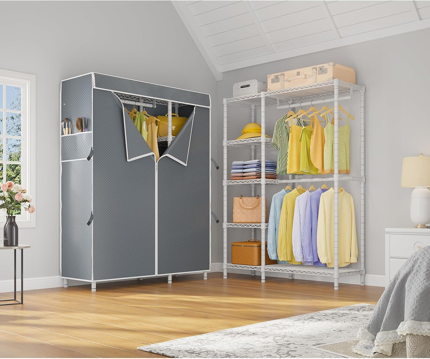 VIPEK V7C Garment Racks with Cover Portable Closets for Hanging Clothes, Heavy Duty Clothes Rack with Shelves Metal Closet Wardrobe, Max 670lbs, White Rack with Grey Upgraded Polyester Cover