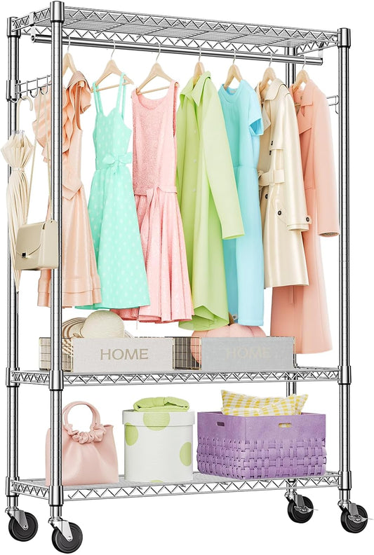 IZEUK 3 Tier Heavy Duty Rolling Garment Rack Wire Clothes Rack for Hanging Clothes, Metal Freestanding Closet Wardrobe Rack with 1 Rods and Wheels Chrome 15.7" D x 45.3" W x 75.6" H