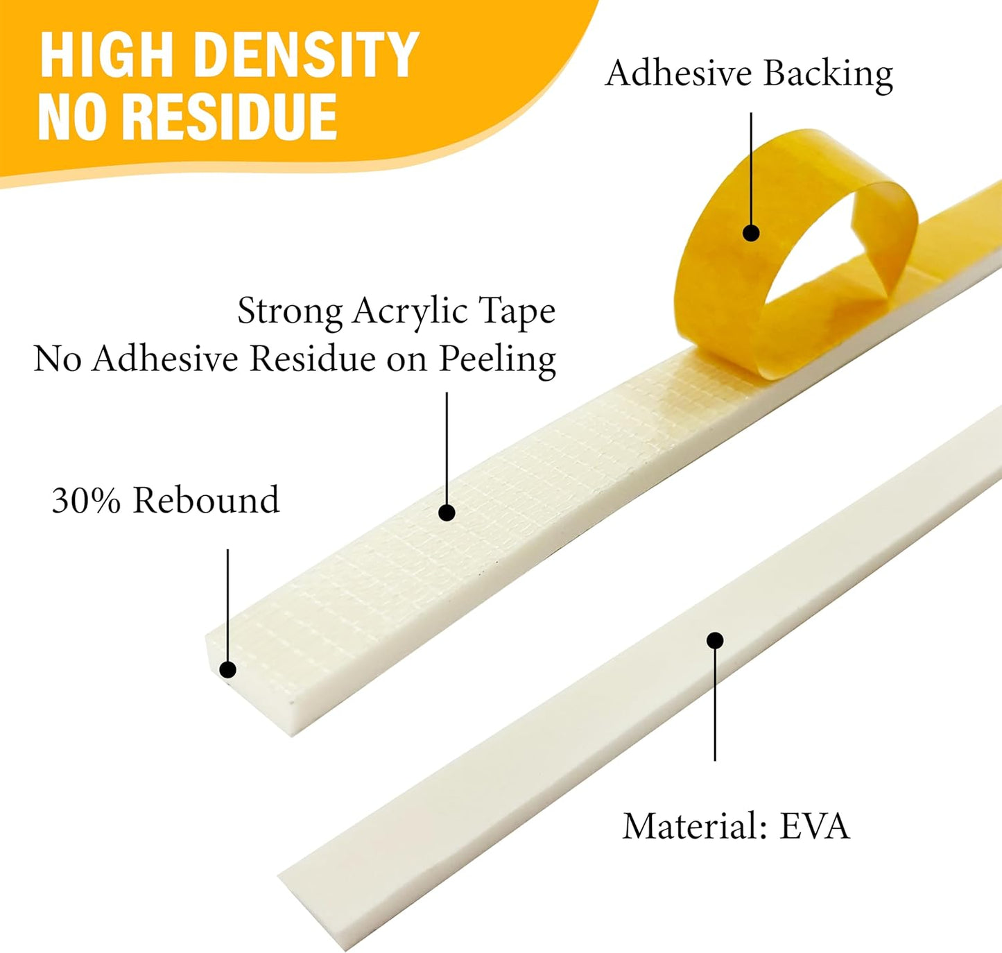 Weather Stripping Foam Tape, 17 Ft Door Seal Strip, EVA Material, High Density 1/4" Thick, No Residue Adhesive, Weatherproof Door Seal Strip for Sliding Door, Windows, White (1/2" Wide)