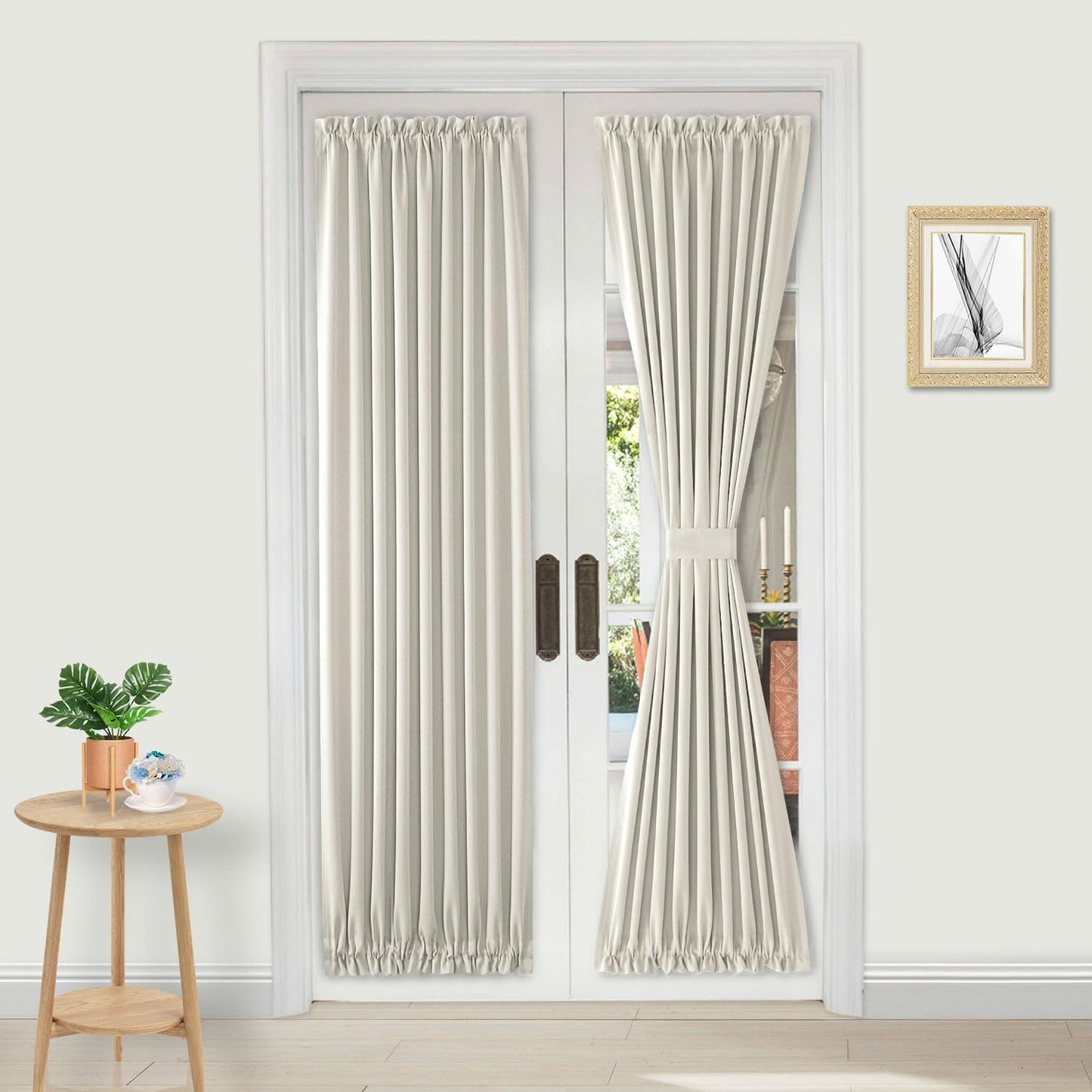 DWCN French Door Curtains – Rod Pocket Thermal Blackout Curtain for Doors with Glass Window, Kitchen and Patio Doors for Privacy, 25 X 72 Inches Long, 1 Curtain Panel with Tieback, Ivory