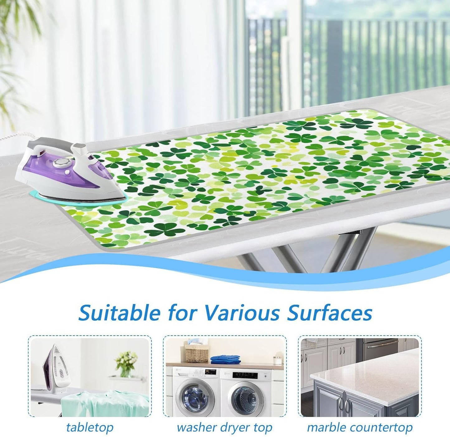 Bright Green Clover St. Patrick Ironing Mat for Table top Portable Ironing Pad Blanket for Washer Dryer Countertop Travel