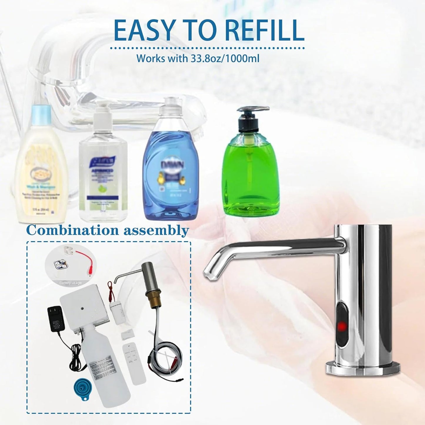 Automatic Soap Dispenser Touchless for Kitchen and Bathroom, Sink Built in Commercial Electric Soap Dispenser,Upgraded Infrared Sensors, with Bottle and Pump Electroplated 33.81oz/1000ml