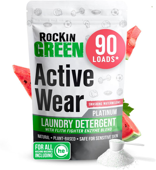 Rockin' Green Laundry Detergent, Plant based, All Natural Laundry Detergent Powder, Vegan and Biodegradable Odor Fighter, Safe for Sensitive Skin (Active Wear 90 Loads - Smashing Watermelons)