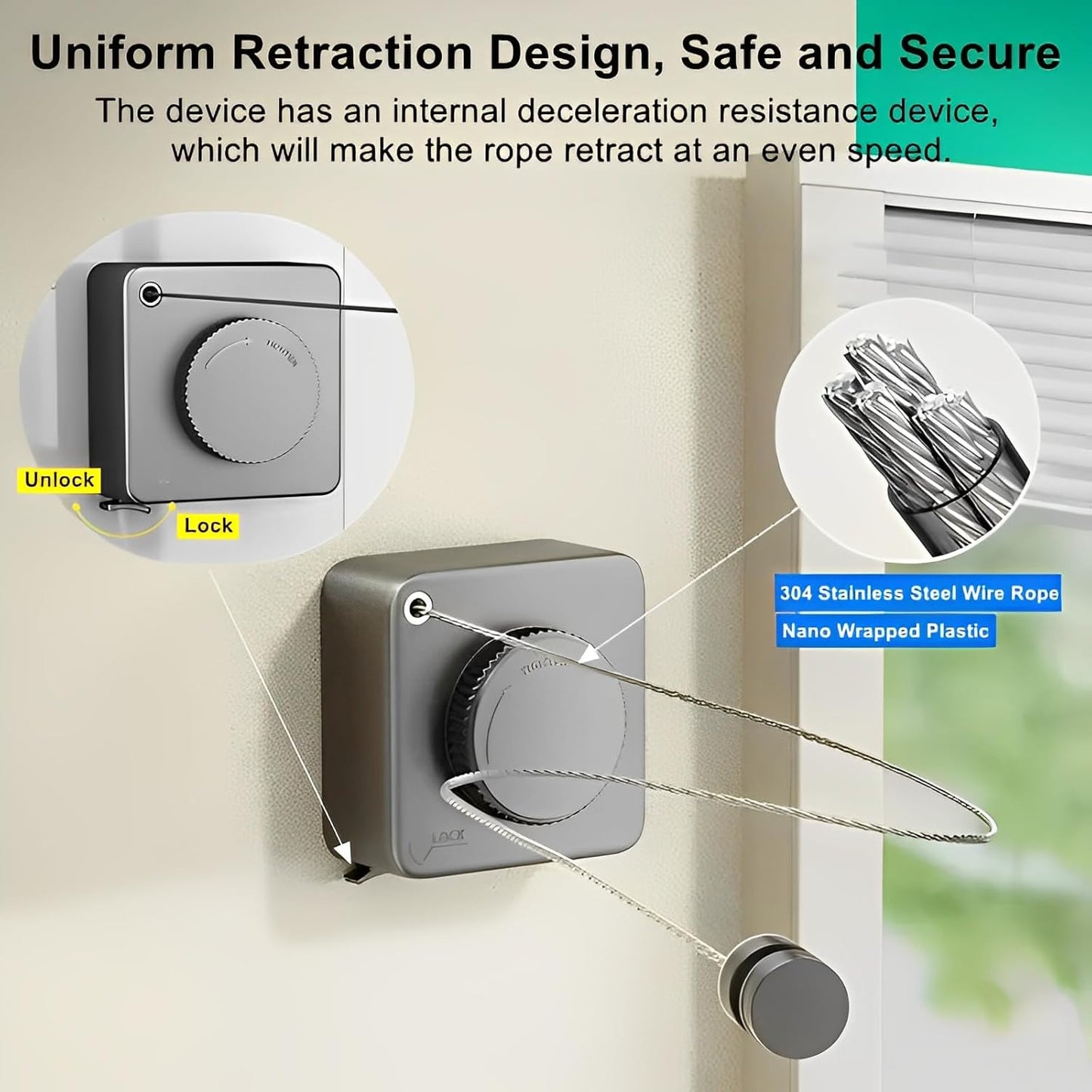 13.8ft(4.2M) Retractable Clothesline, Non-sag Clothesline, Indoor & Outdoor Heavy Duty Retractable Clothesline, Wall Mounted Stainless Steel Washing Line (White)