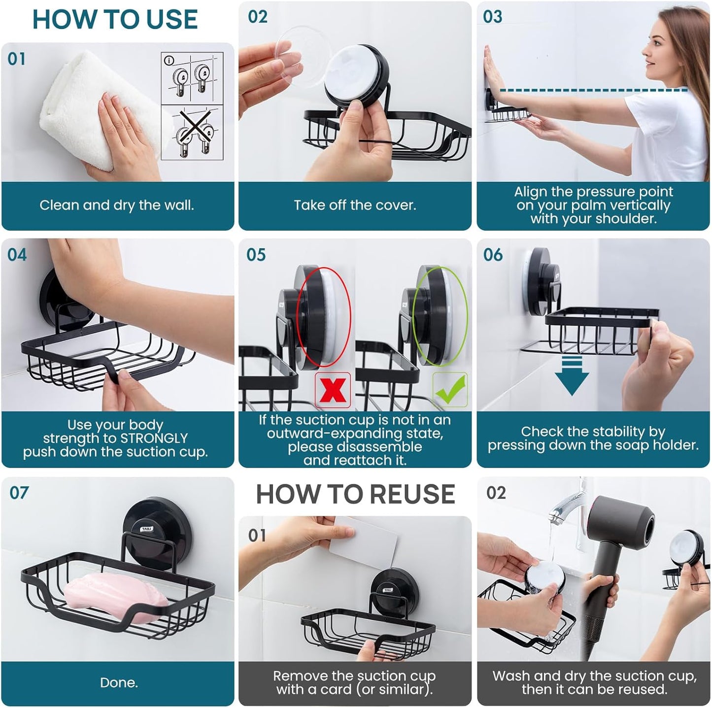 TAILI Soap Holder Bar Dish Suction Cup, Bar Shampoo Rack for Shower Wall, Draining Soap Saver Tray for Bathroom, Rustproof Stainless Steel Sponge Holder for Tub, Kitchen, Drill-Free, Black