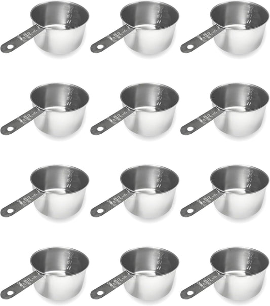 1 Cup Stainless Steel Measuring Cup | Sturdy Metal 250 ml | 240 cc | 8 oz | Single Cup for Wet and Dry Ingredients | Great for use as 1 Cup Dog Food Scoop - 12 PK