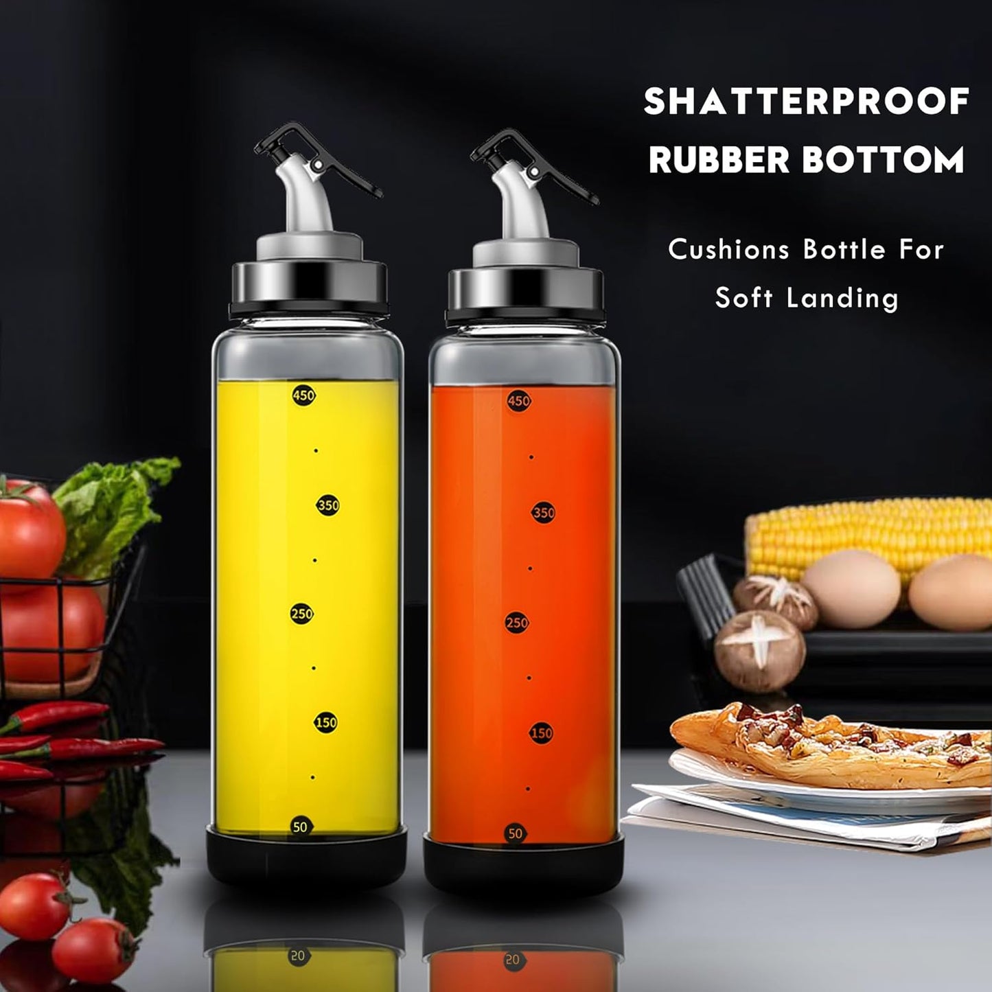 Glass Olive Oil Dispenser Bottle with Leakproof Pourer Spout and Shatterproof Rubber Bottom, Cooking Oil Dispenser Bottle for Kitchen 17 oz Heat Resistant Olive Oil Bottle