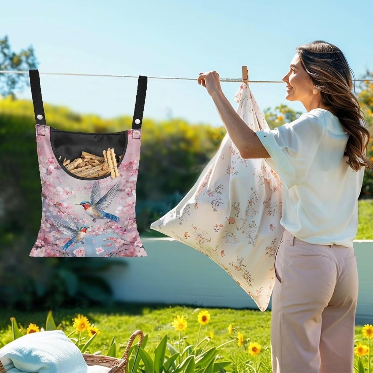 2 Pcs Pin Bag, Hummingbird Print Clothes Pin Hanging Bag Clothespin Storage Organizer with Large Opening Storage Organizer Space-Saving Laundry Hanging Bag