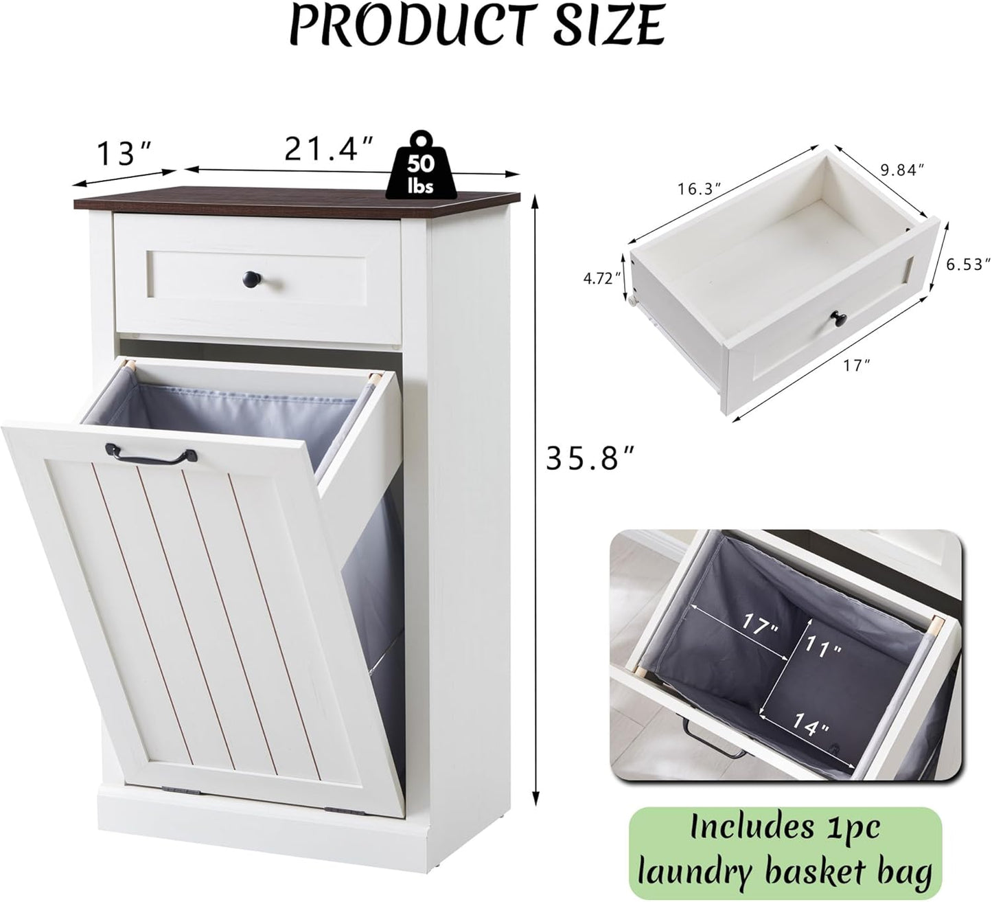 Tilt Out Laundry Hamper Cabinet, 10 Gallon Farmhouse Trash Can Cabinet with Drawer, Hidden Wood Garbage Can Bin Cabinet with Laundry Storage Basket for Bathroom, Kitchen, Antique White