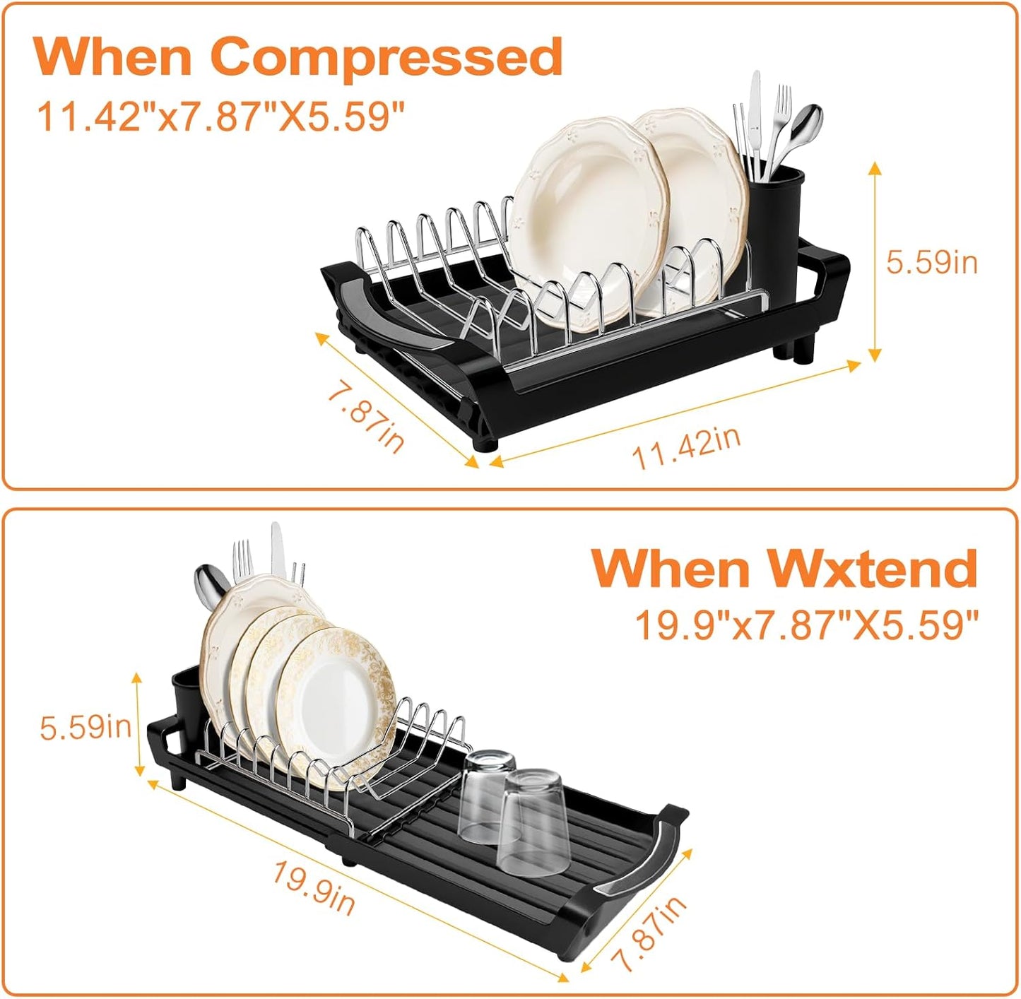 Dish Drying Rack Compact Expandable - A Space-Saving, Stainless Steel, Rust-Resistant Dish Drainer for Kitchen and Apartment Countertops/Sink Cabinets, Extendable from 11.42 to 19.9 inches(Black)