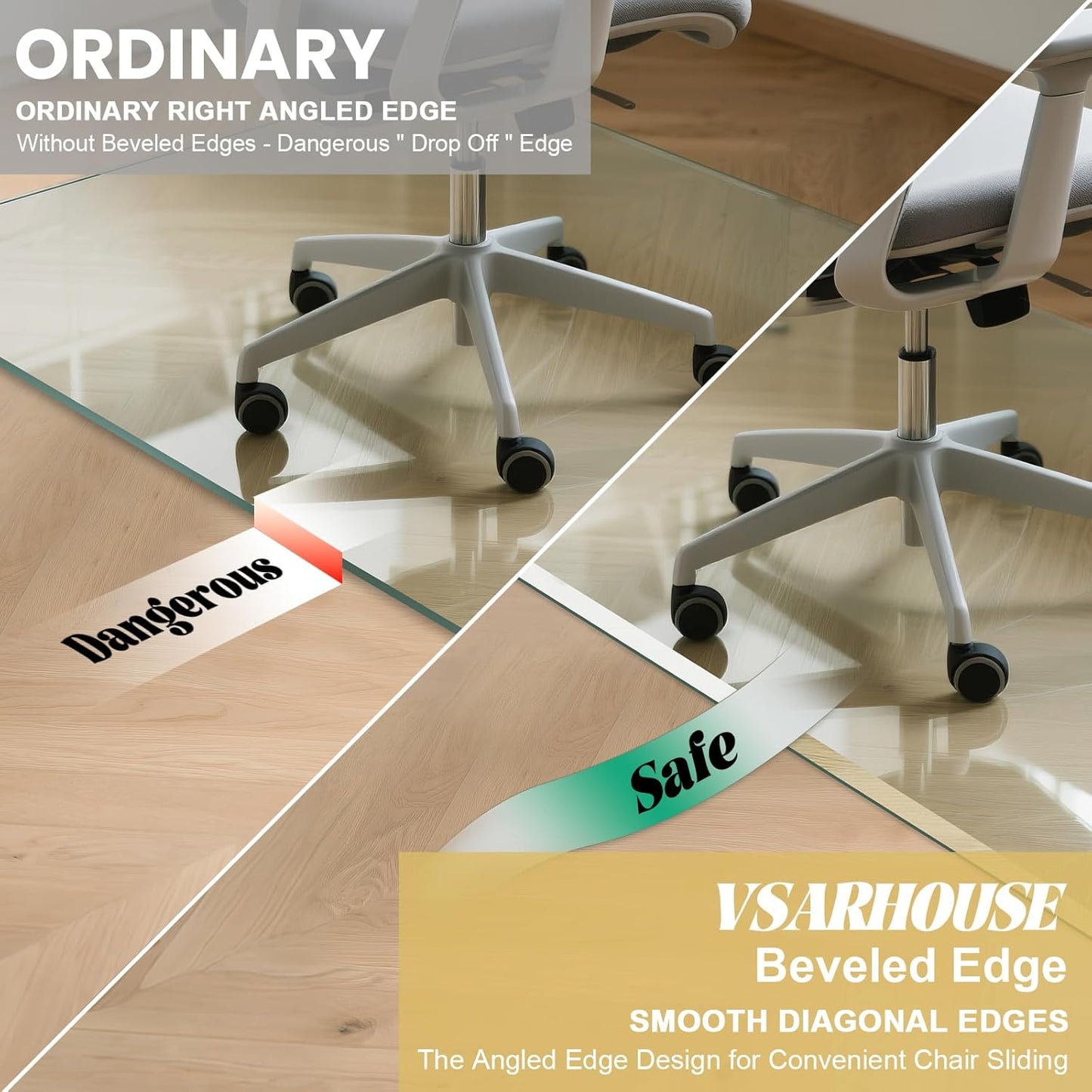 VSARHouse Beveled Edge Tempered Glass Office Chair Mat, 55"x46" Heavy Duty Glass Floor Mat for Carpet or Hard Floors, with Non-Slip Pads, Easy to Slide, Thick 1/5", Octagon, Patent No.30004842