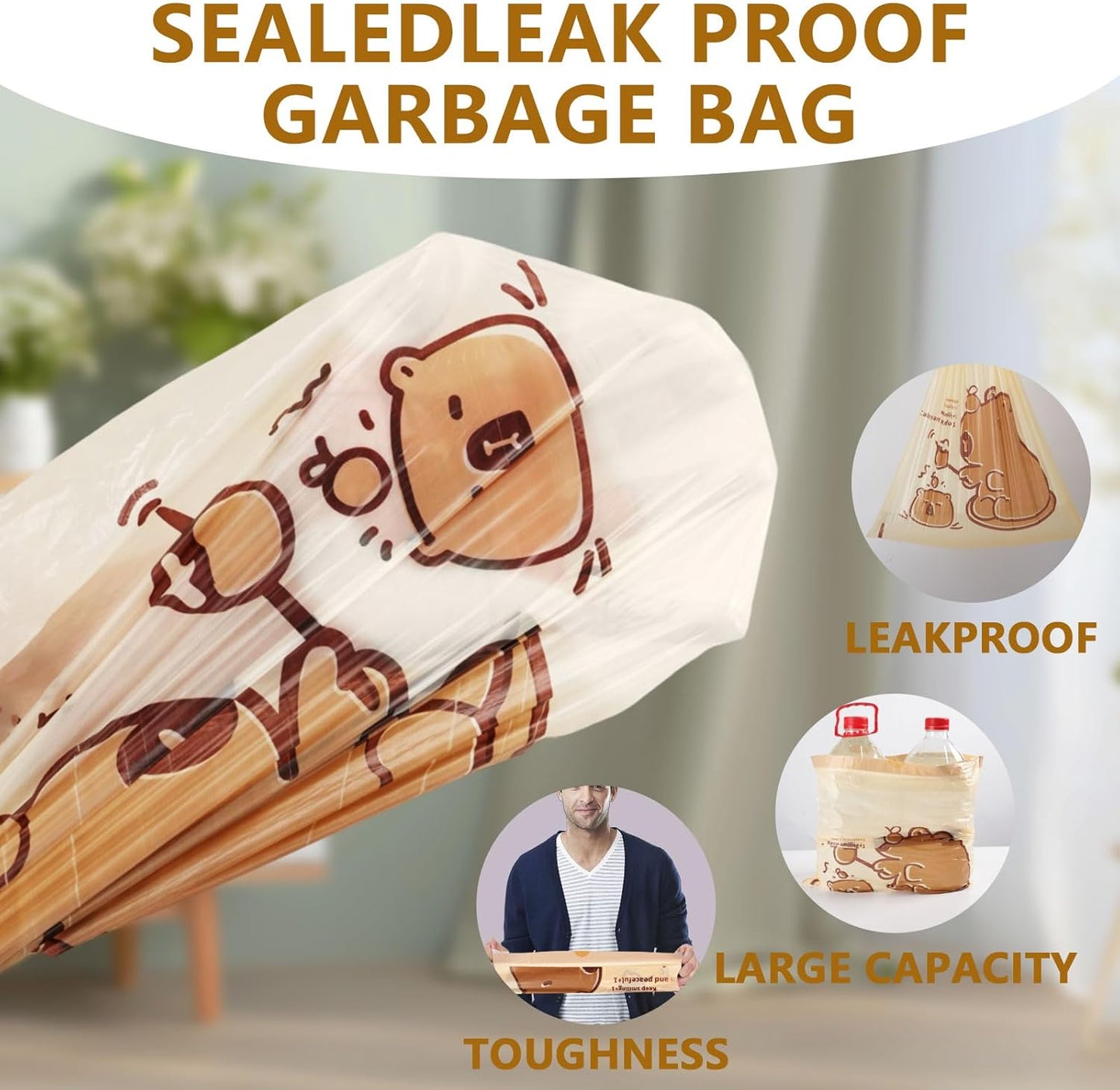 VOK 8 Gallon Trash Bags with Capybara Printed, Drawstring Medium Garbage Bags, Tear-Resistant & Leak-Proof Kitchen/Office Trash Can Liners, Trash Bags 8 Gallon with Secure Tie, 100 Counts