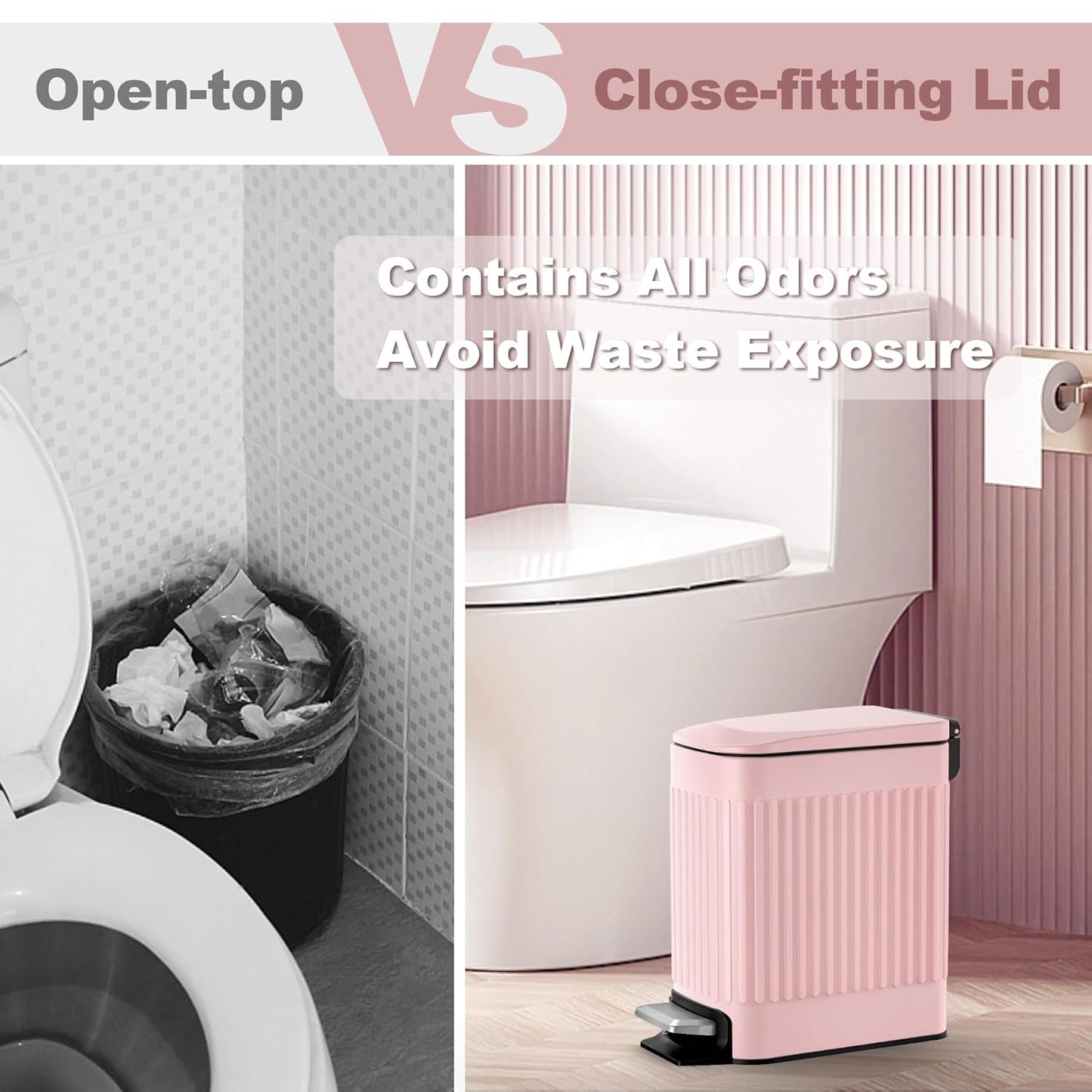 TrashAid Pink Bathroom Trash Can, 1.6 Gallon Stainless Steel Small Garbage Can with Lid, Step Pedal, Cute Wastebasket for Bathroom, Office, Bedroom, RV, Pink