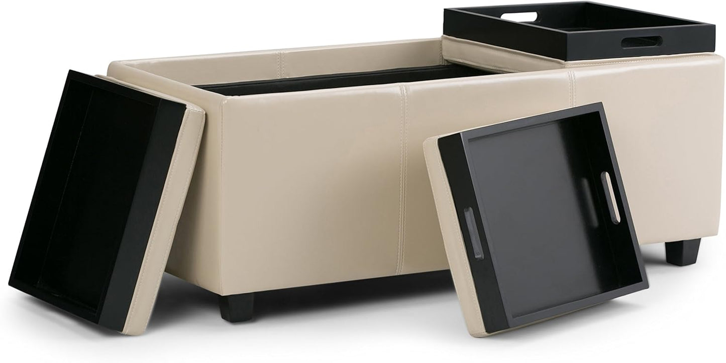 SIMPLIHOME Avalon 42 inch Wide Contemporary Rectangle Storage Ottoman in Satin Cream Vegan Faux Leather, Assembled, for the Living Room, Entryway and Family Room