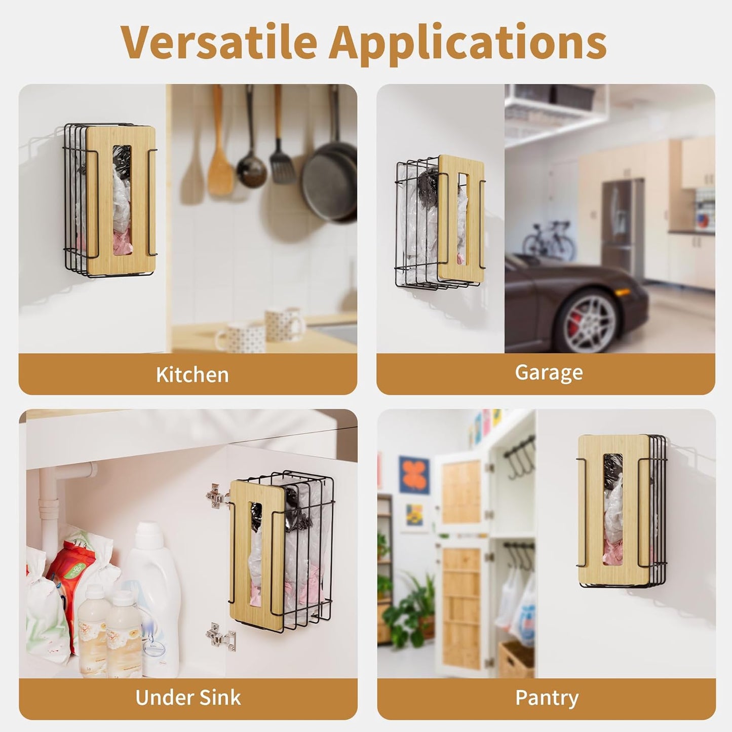 2 Pack Grocery Bag Holder for Plastic Bags - Wall Mount Kitchen Plastic Bag Holders for Grocery Bags - Bag Holder for Kitchen,Under Sink,Pantry and Garage,Black