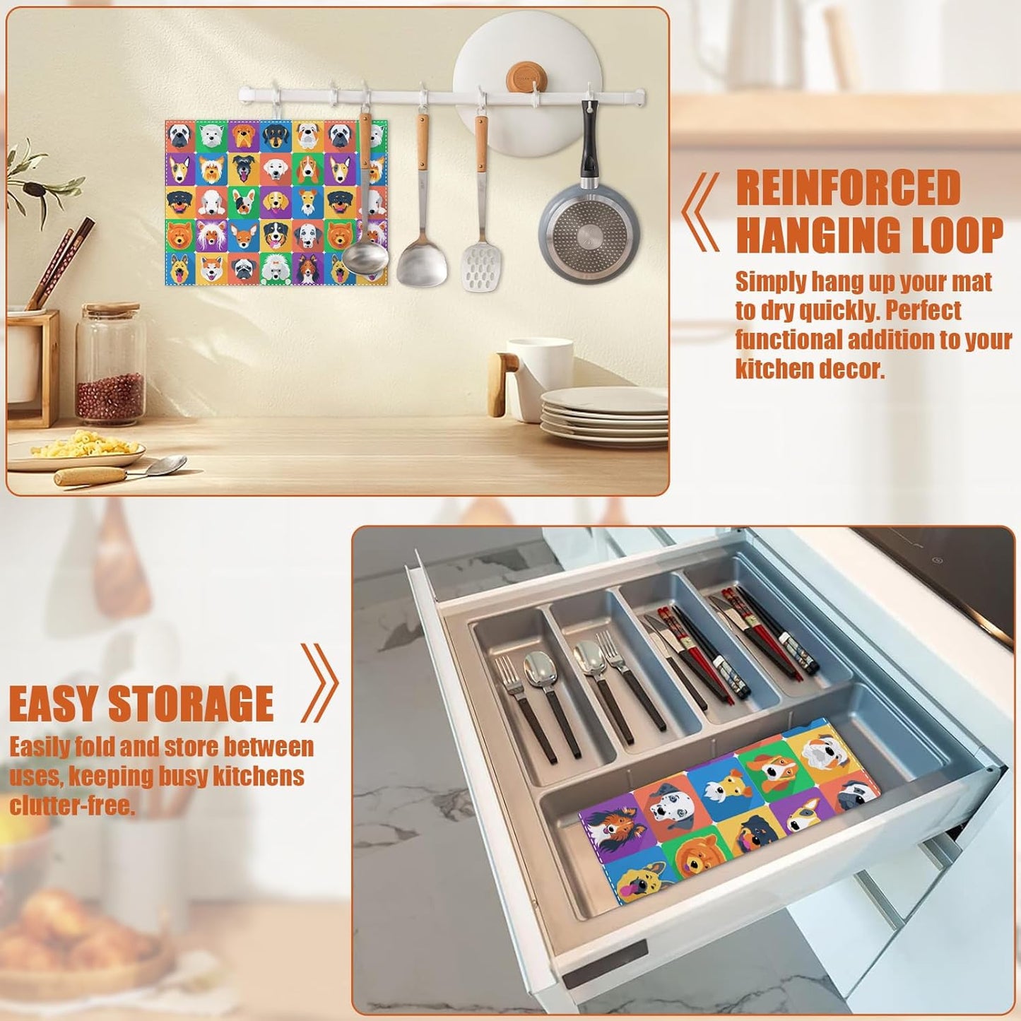 Cute Dogs Dish Drying Mat for Kitchen Counter Microfiber Absorbent Dish Kitchen Drying Mat Draining Reusable Washable for Dishes/Utensils/Counterto