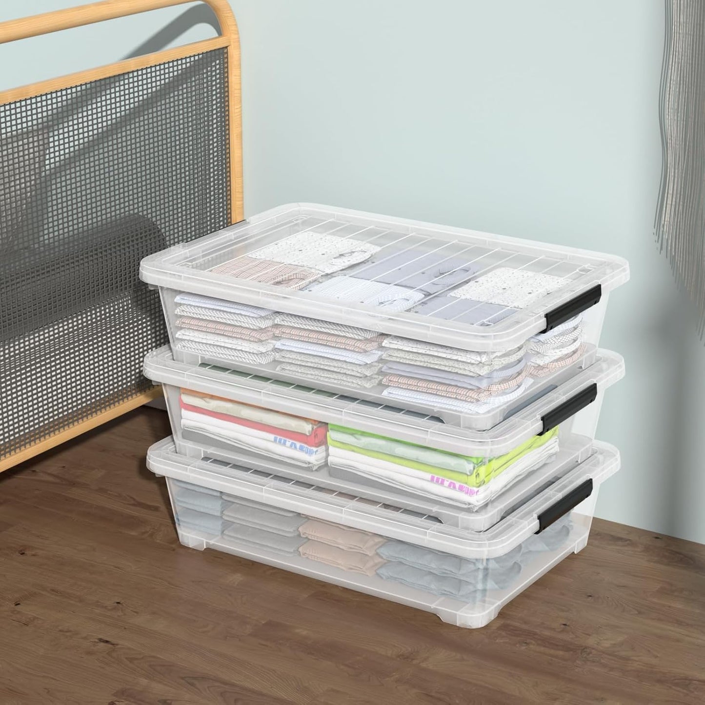 Rosebloom 40 Quart Plastic Under Bed Storage Bins with Lid, Clear Storage Containers Under Bed, 3 Packs