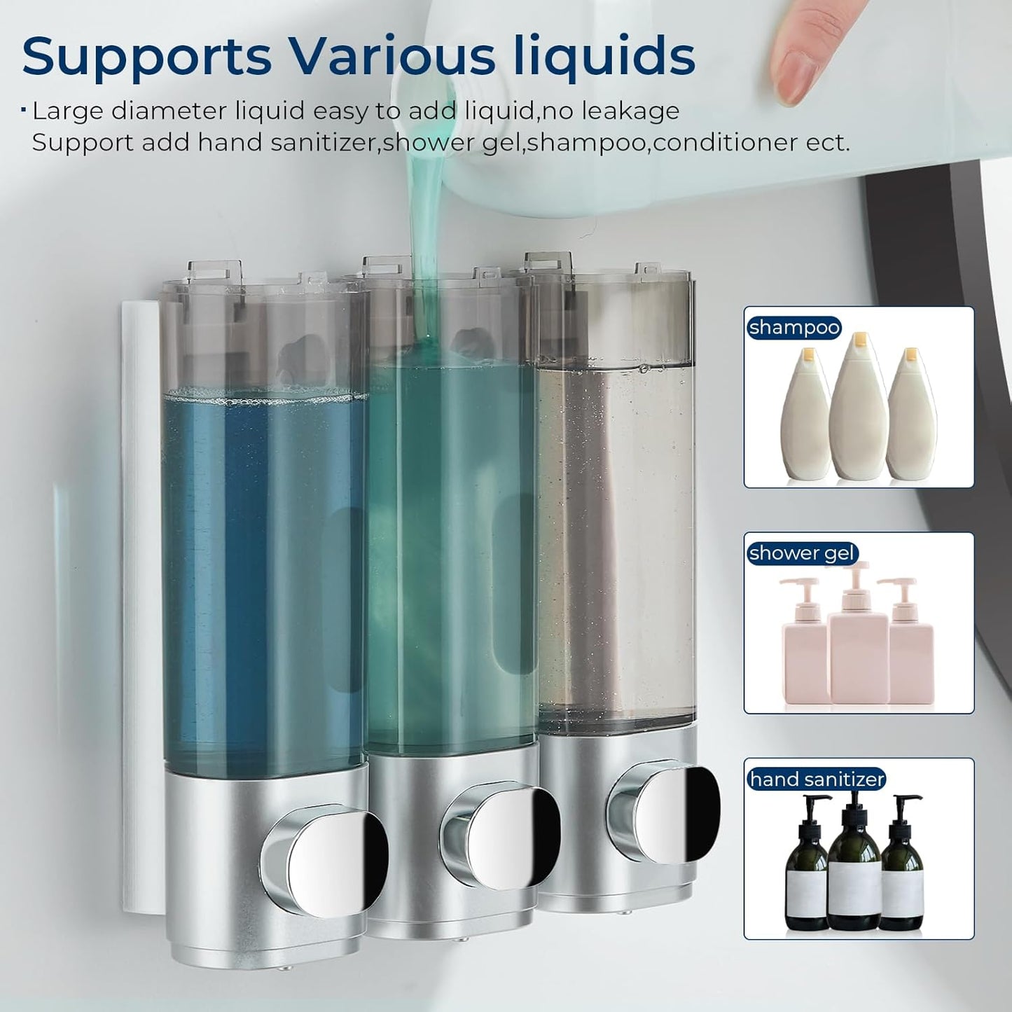 Shampoo and Conditioner Dispenser, Pollock Shower Soap Dispenser 3 Chamber No Drill, Wall Mounted Shampoo Body Wash Conditioner for Bathroom Large Capacity Silver