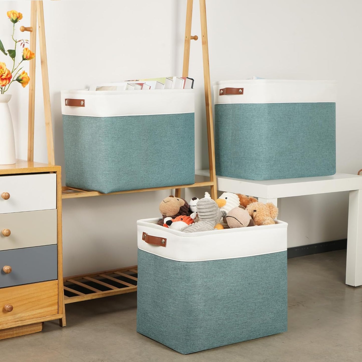 DULLEMELO Large Rectangular Baskets for Blankets 51L Canvas Storage Baskets for Organizing 3 Pack Collapsible Baskets Bins for Organizing Home Office with Handles (White&Deep Green)