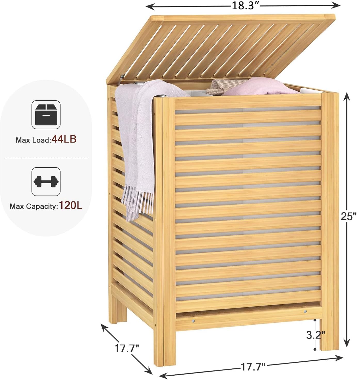 Homykic Bamboo Laundry Hamper with Lid, 120L Large Clothes Laundry Sorter with Removable 2-Section Liner Bag, Raised Laundry Basket Organizer for Clothing, Bathroom, Bedroom, Laundry Room, Natural