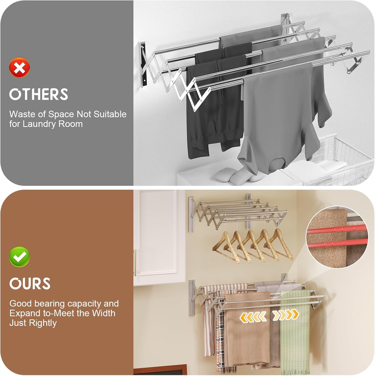 X-cosrack Wall Mounted Clothes Drying Rack, Wide Large Rustproof Retractable Laundry Drying Rack, 8 Bar Space-Saving Aluminium Alloys Clothing Hanger Drying Racks forLaundry