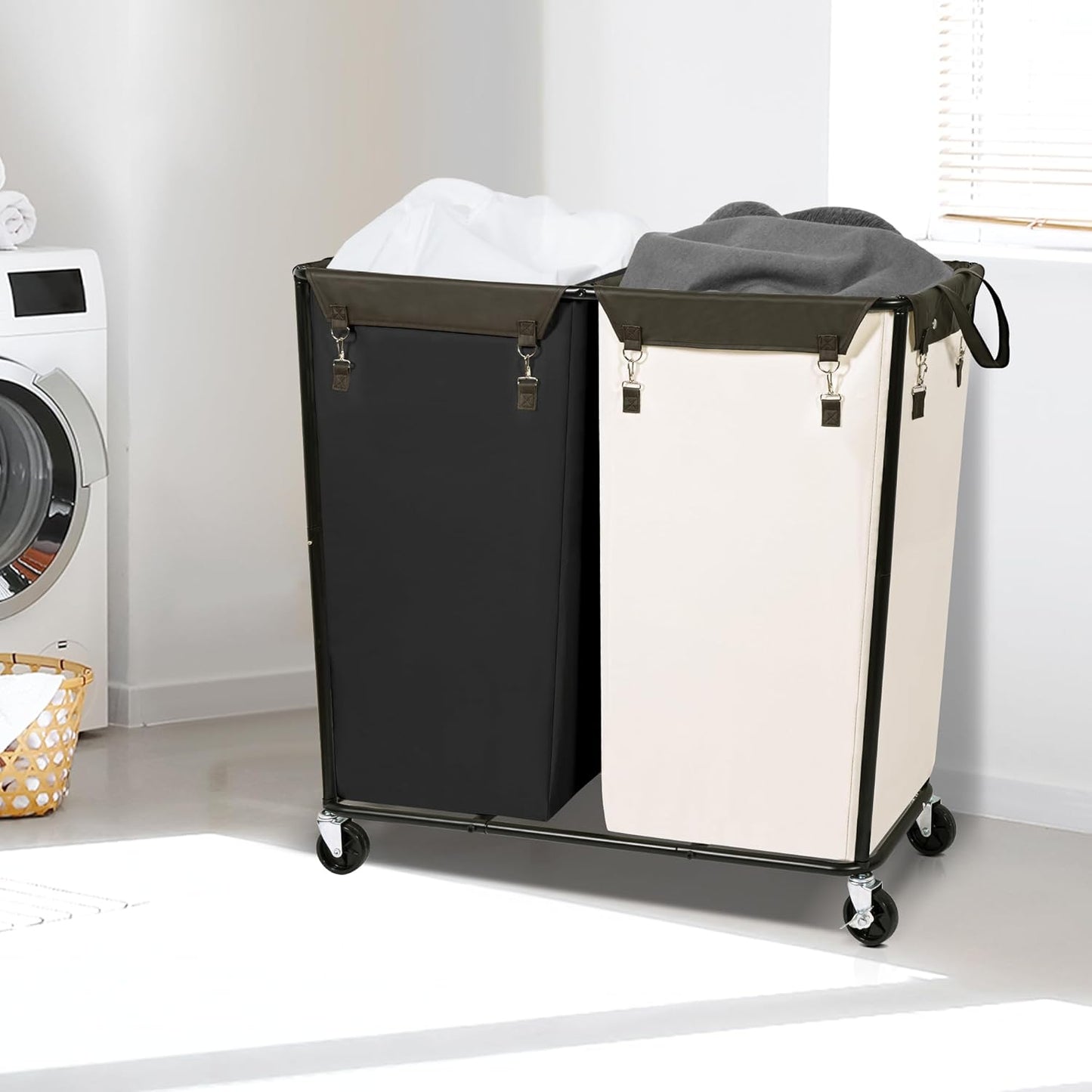 STORAGE MANIAC Commercial Laundry Hamper with Heavy Duty Steel Frame, 74 Gal. Industrial Laundry Basket Cart with Wheels for Hotel, Home, Laundry Room, Big Large Clothes Sorter, 2 Section Beige/Black