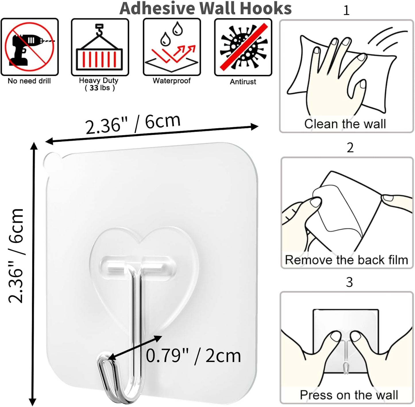 DGYB 20 Pcs Clear Adhesive Hooks for Hanging 22lb Self Adhesive Wall Hooks Heavy Duty Waterproof Transparent Sticky Hooks for Shower Home Bathroom Kitchen Office