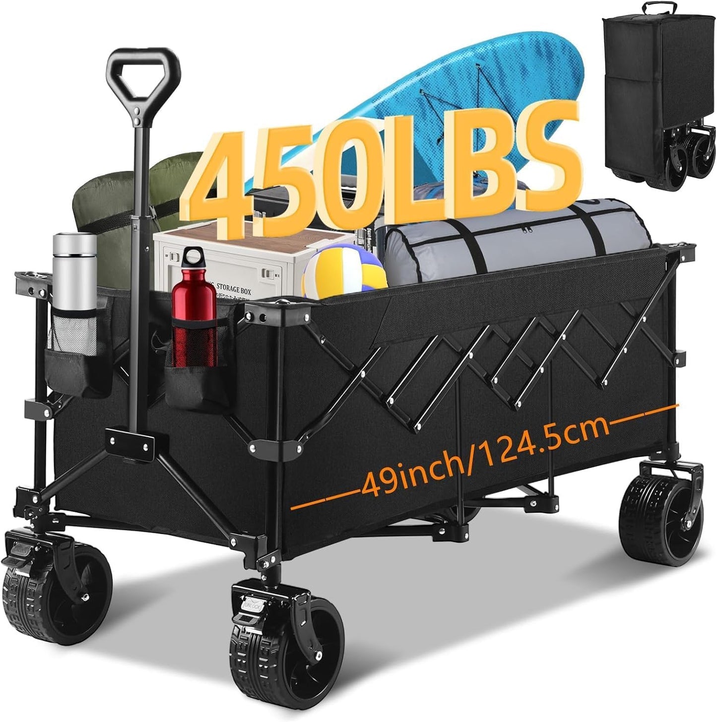 49''L Collapsible Foldable Extended Wagon with 450lbs Weight Capacity, Heavy Duty 300L Folding Utility Garden Cart with Big All-Terrain Beach Wheels & Drink Holders. Black