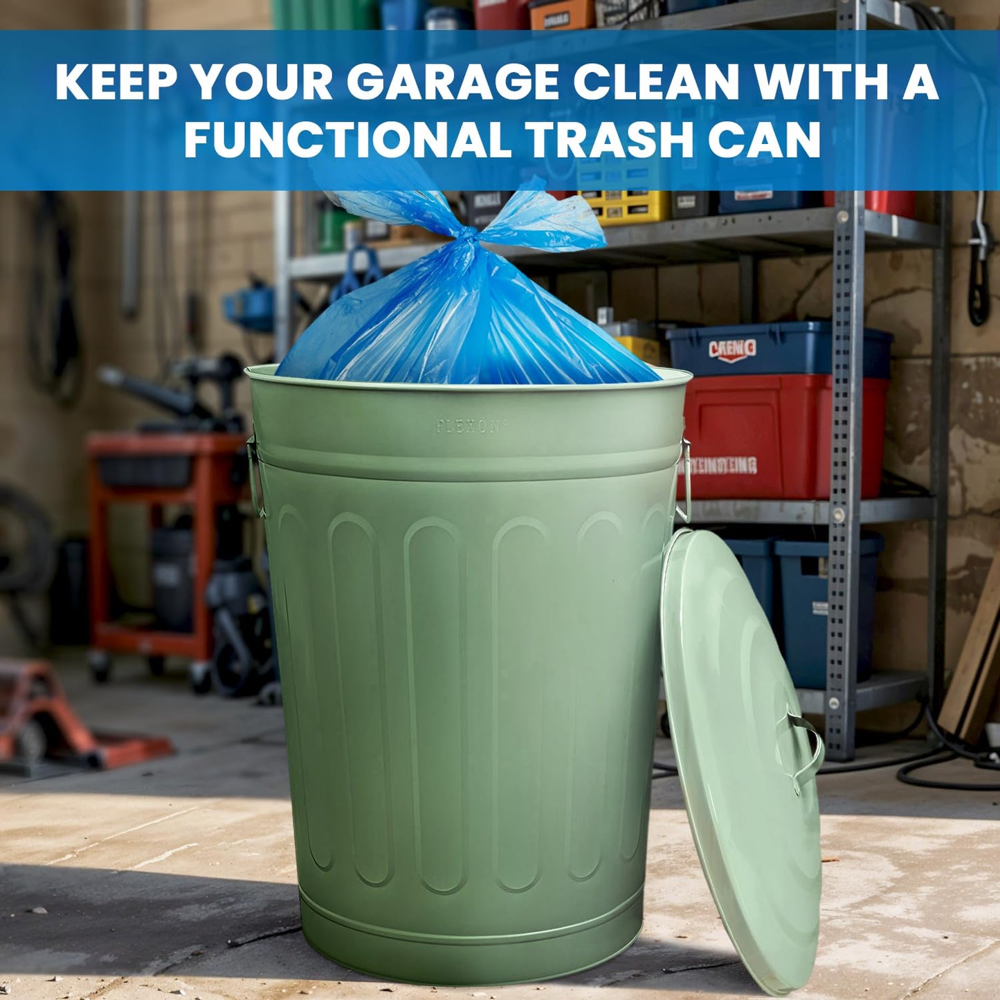 Plexon Round Trash Can 13 Gallon, Vintage Metal Outdoor Trash Can with Lid, Retro Farmhouse Garbage Container, Old School Modern Ash Bucket, Green 3 Pack