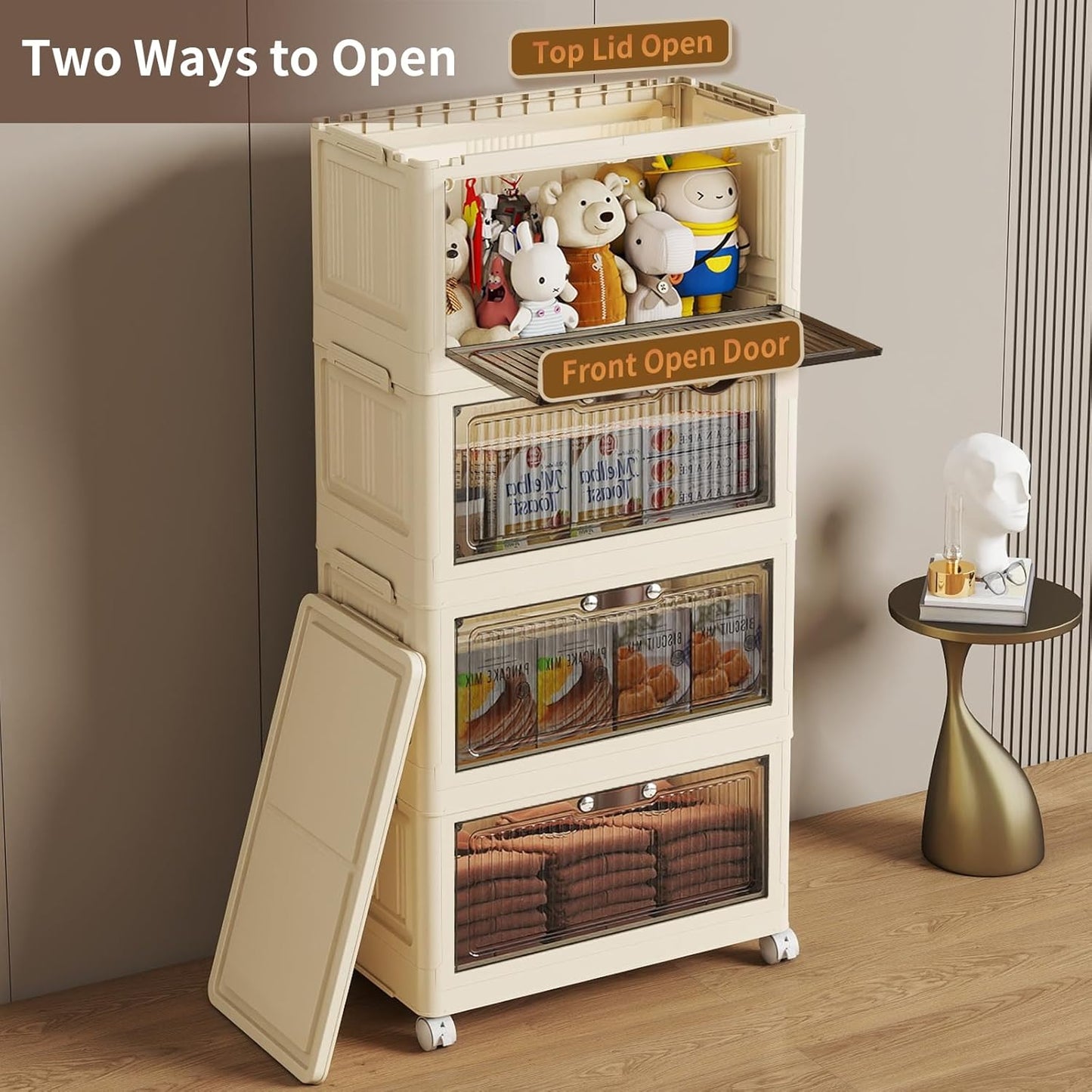 4 Tier - 48QT Storage Bins with Lids, Collapsible Storage Bins with Doors and Wheels, Plastic Storage Cabinet for Easy Storage and Organization for Living Room, Office