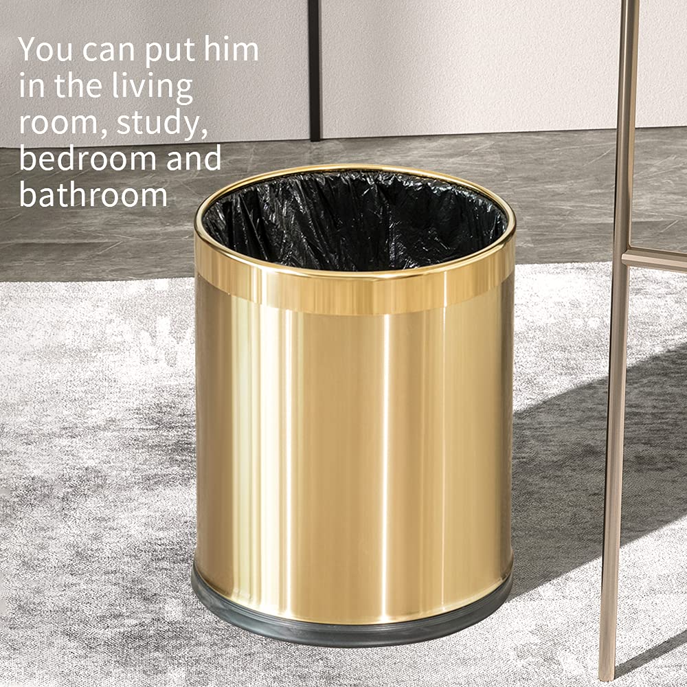 2.6Gallon/10L Brass Gold Bathroom Trash Can - Gold Waste Basket for Bedroom, Office, Store - Metal Trash Bin Without Lid