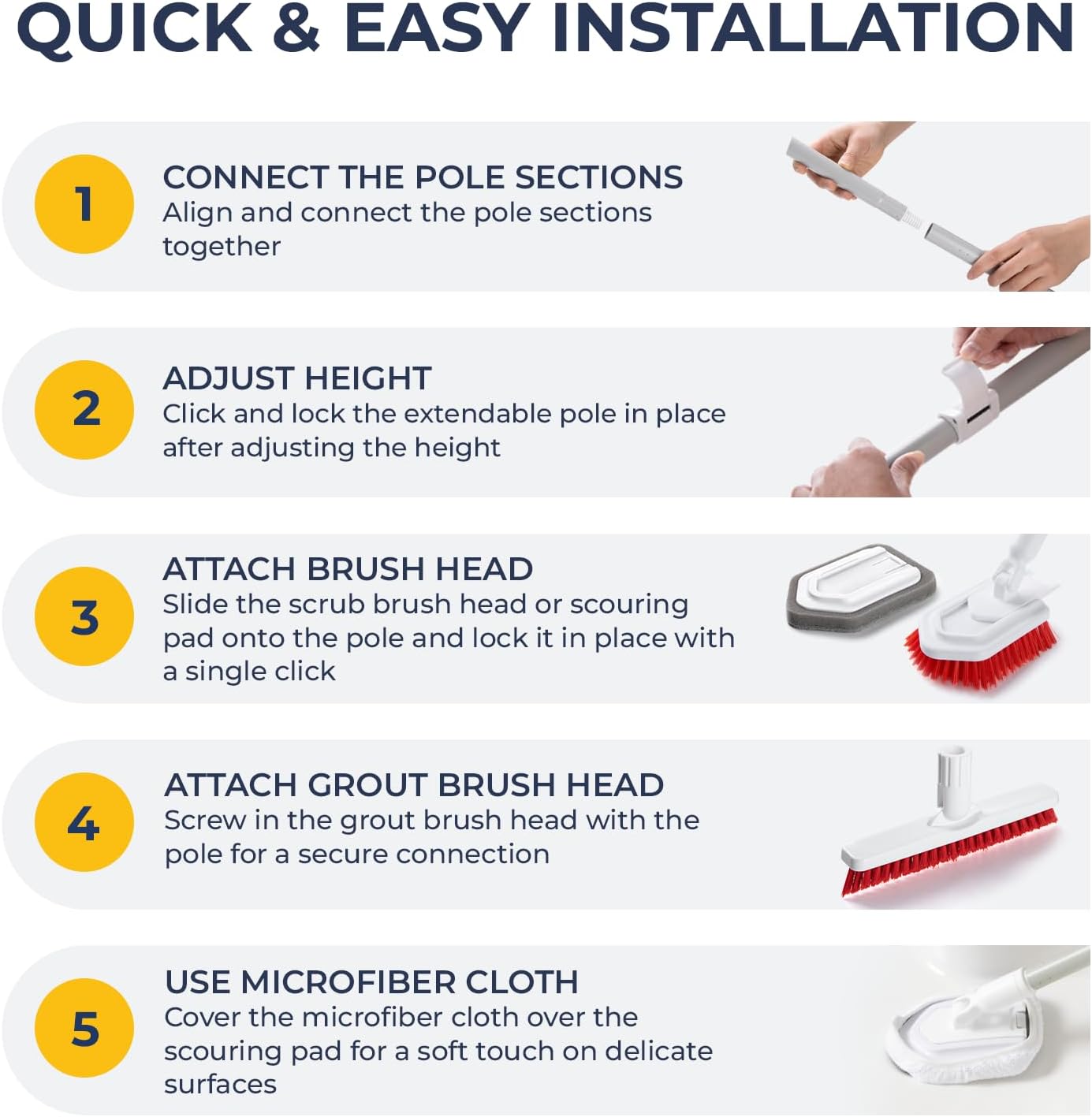 Shower Scrubber with Long Handle, Stiff Bristles Grout-Brush, Tub Scrub-Brush with Long-Handle, Shower-Cleaner Brush, Grout Cleaning Brush for Tile floors, Scouring Pad & Microfiber Cloth for Bathroom