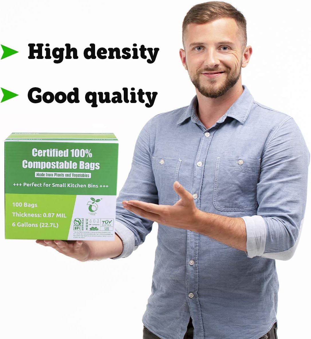 Primode Compostable Bags 6 Gallon Food Scraps Yard Waste Bags, 50 Count, Extra Thick 0.87 Mil. ASTMD6400 Compost Bags Small Kitchen Trash Bags, Certified By BPI And TÜV AUSTRIA