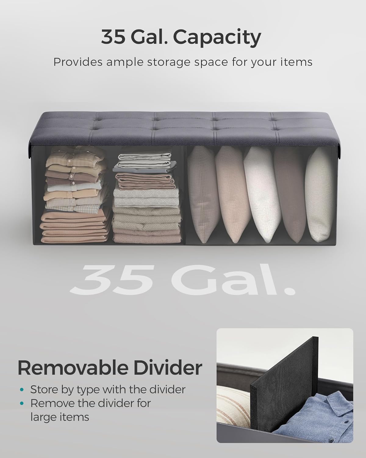 SONGMICS Mazie Collection - 43 Inches Folding Storage Ottoman Bench, Ottoman with Storage, Foot Rest Stool, Load 660 lb, for Living Room, Synthetic Leather, Dark Gray ULSF070G01