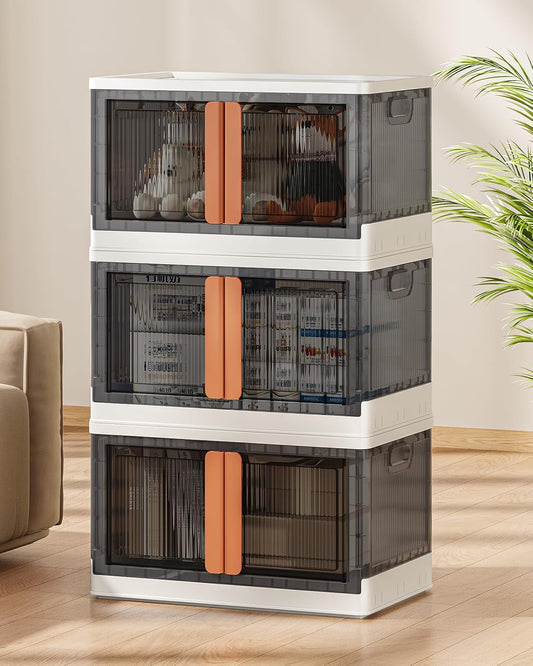 19Gal Collapsible Storage Bins with Lids & Wheels - 3 Pack Stackable with Doors, Heavy-Duty Plastic Containers for Home/Office, White