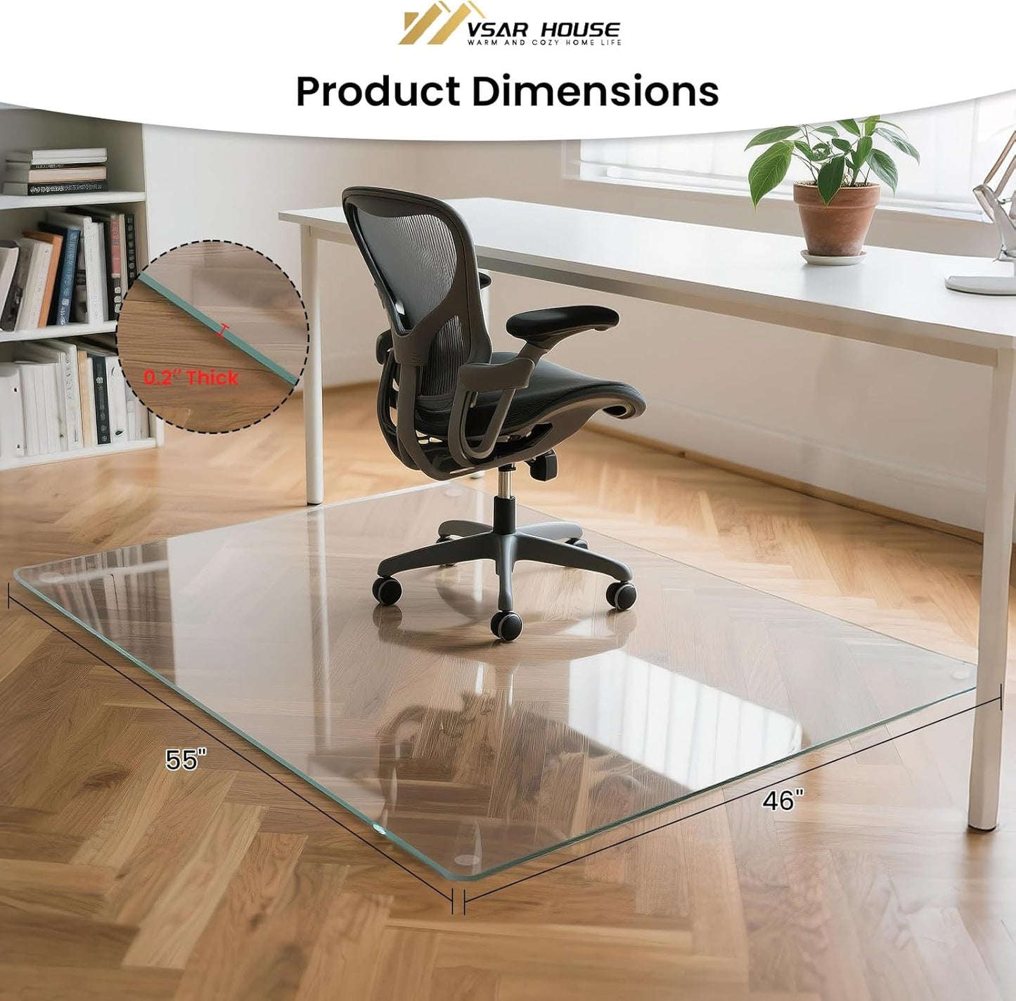 55"x46" Tempered Glass Chair Mat, Heavy Duty Glass Office Floor Mat for Carpet or Hardwood Floors, with Non-Slip Pads, Round Corner and Polished Edge, Effortless Rolling, Thick 1/5"