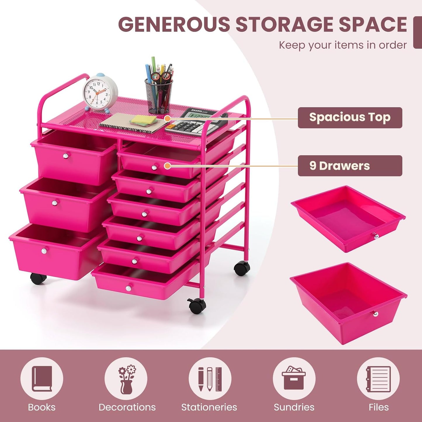 GOFLAME 9-Drawer Rolling Storage Cart, Mobile Utility Cart with Removable Drawers & Metal Frame, Art Craft Organizer Cart with Lockable Wheels, Storage Drawer Cart for Home Office School, Hot Pink