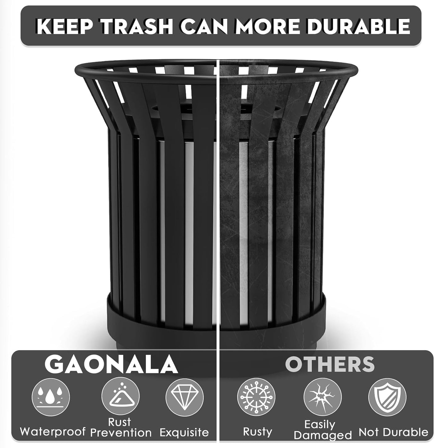 27.6IN Round Large Outdoor Trash Can, Heavy Duty Metal Slatted Garbage Can Outdoor, All Weather Resistant Commercial Garbage Cans, Waste Receptacle in Park, School, Beach, Patio Black