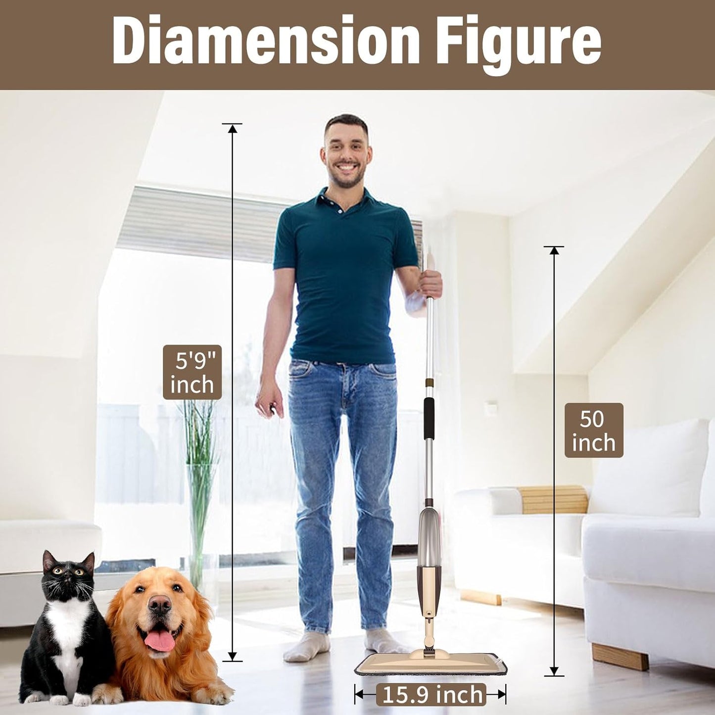 Mops for Floor Cleaning, 50 inch Spray Mop with 400ml Refillable Bottle and 2 Replacement Pads Dry Wet FloorCleaning Household or Commercial Use for Hardwood Laminate Tile Ceramic (Brown)