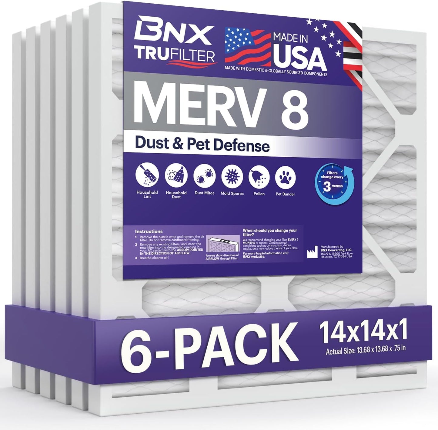 BNX TruFilter 14x14x1 Air Filter MERV 8 (6-Pack) - MADE IN USA – Dust & Pet Defense Pleated Air Conditioner HVAC AC Furnace Filters for Dust, Pet, Mold, Pollen MPR 600 – 700 & FPR 5