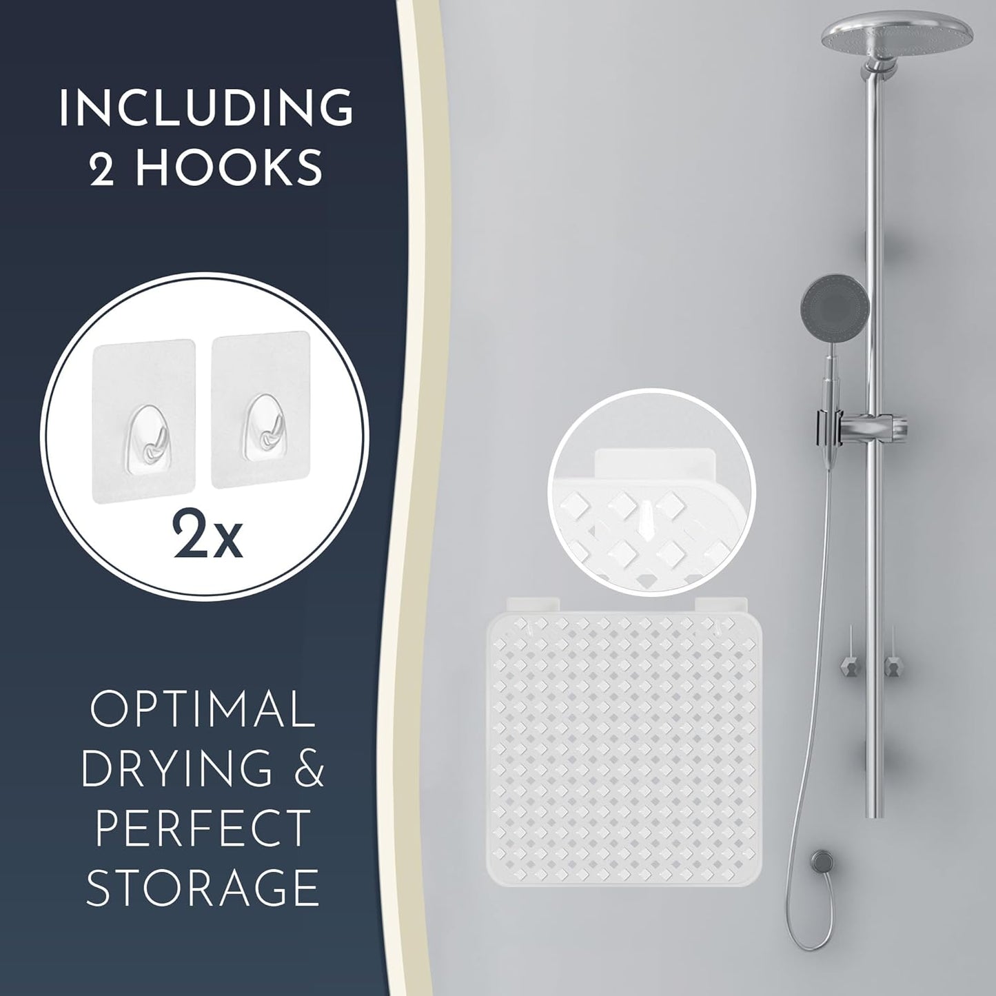 Homerella Anti Slip Shower Mat | Anti Mold Non Slip Bathtub Mat for Inside Shower | Square Floor Shower Mat 21 x 21 inch with Suction Cups for Grip & Hooks Hanging and Quick Drying | Machine Washable