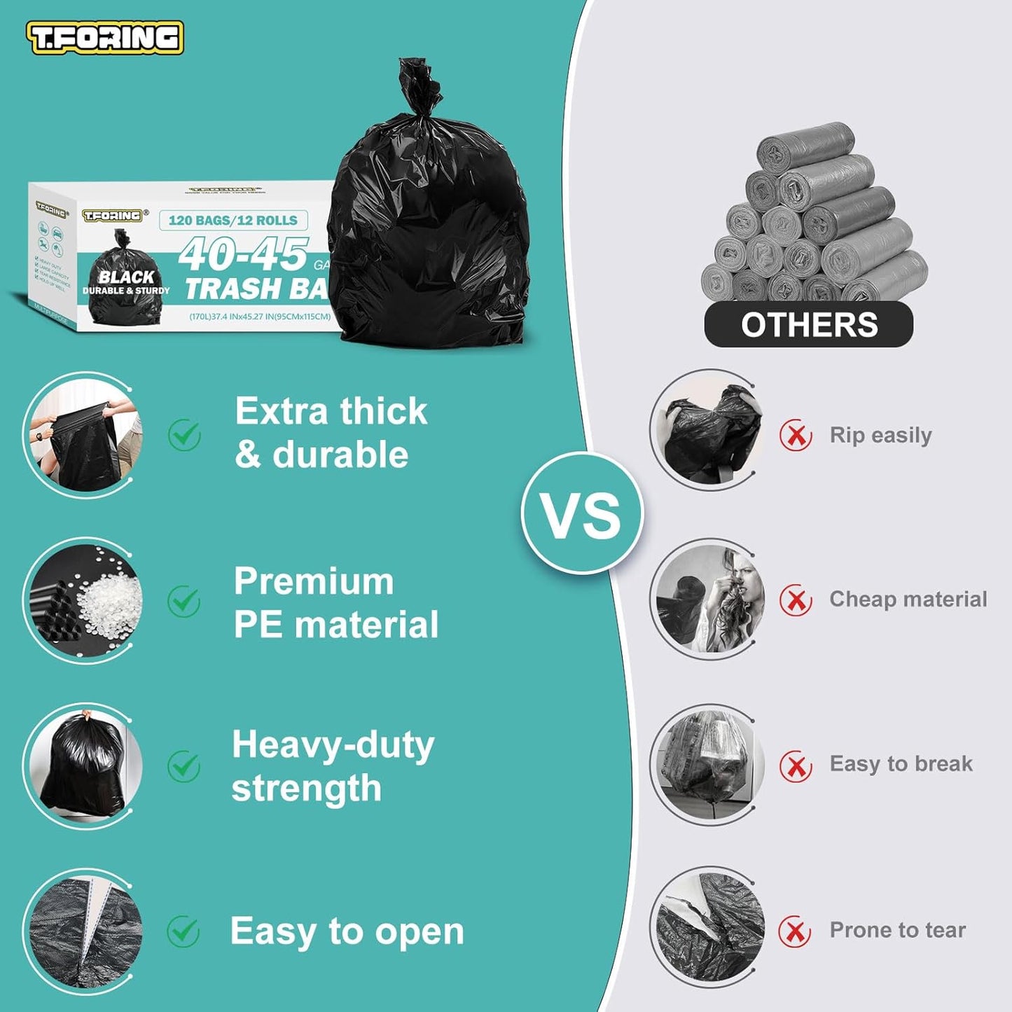 40-45 Gallon Black Trash Bags 120 Count - 37''x45'' Large Garbage Bags Unscented, 40+ Gallon Trash Can Liners, Multipurpose for Office, Outdoor, Recycling and Commercial