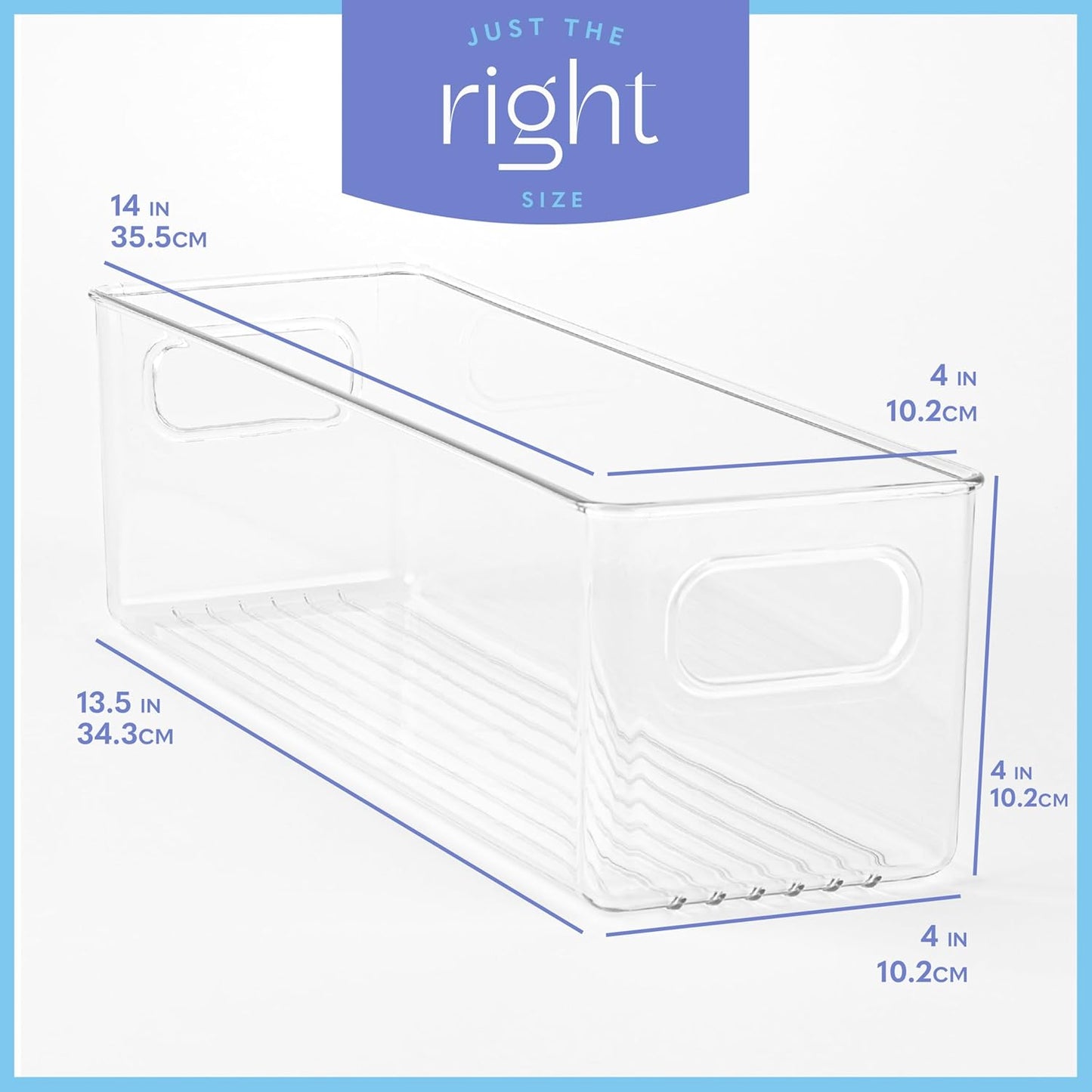 Plastic Food Storage 2 Pack Clear Container Bin with Handles for Organizing Kitchen, Pantry, Refrigerator, Freezer, Pantry, Cabinet, Closet, Bathroom. 14”X4”x4”