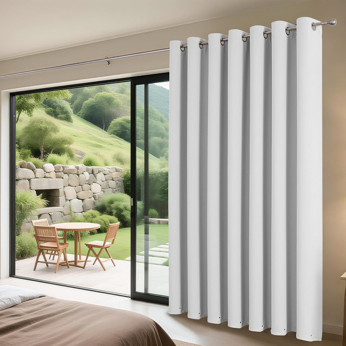 Joydeco Blackout Patio Sliding Door Curtains 84 Inches Long, Grommet Privacy Room Divider Curtains, Extra Wide Thermal Blackout Drapes for Bedroom Living Room (Greyish White 100Wx84L, 1 Panel)