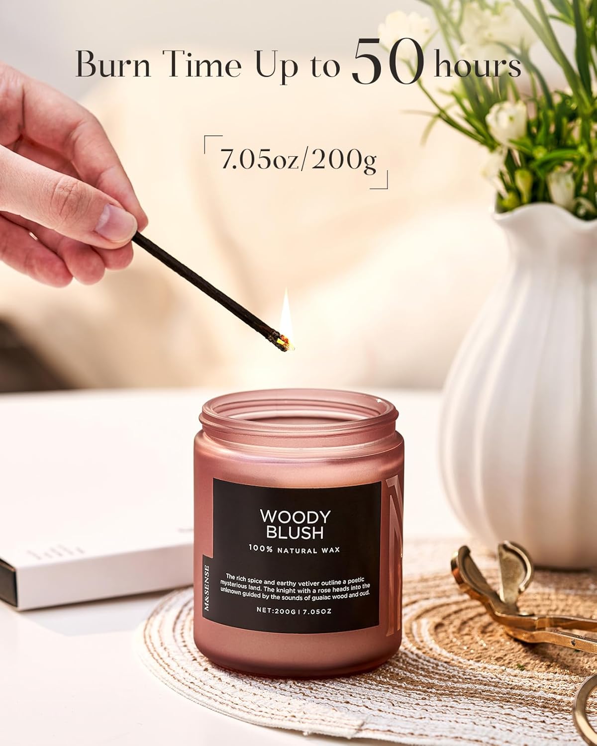 M&SENSE Woody Blush - Rose Vetiver Scented Candles 7.05oz 50 Hour Long Lasting Burn Non Toxic Natural Luxury Candle Gifts for Women，Aromatherapy Gifts for Relaxing Spa